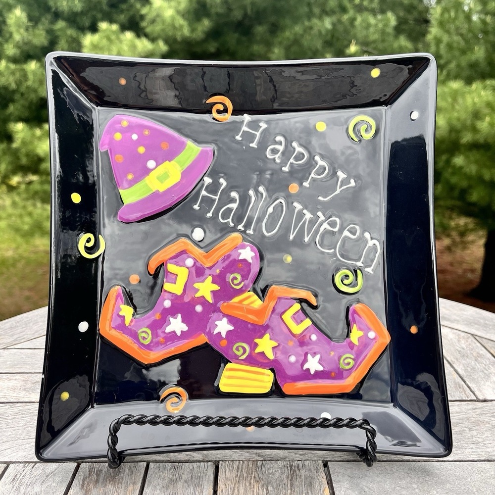 Vintage Halloween Tray 3D‎ Trick or Treat 9" Square Candy Dish Ghost Witch Bat - Picture 2 of 9